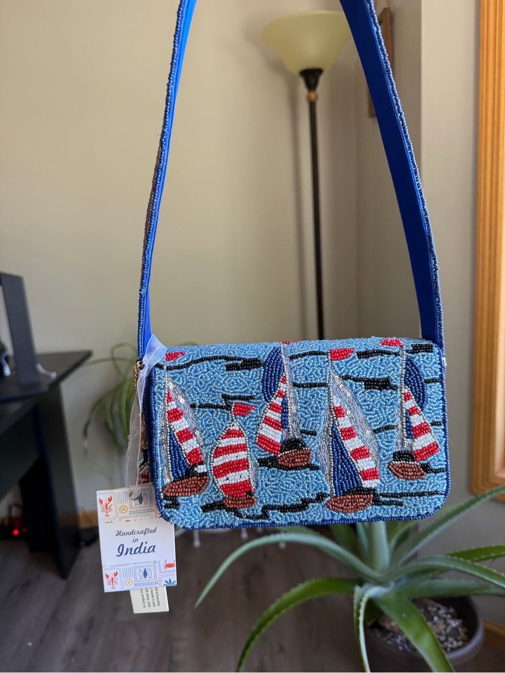 Handcrafted Blue Beaded Sailboat Shoulder Bag